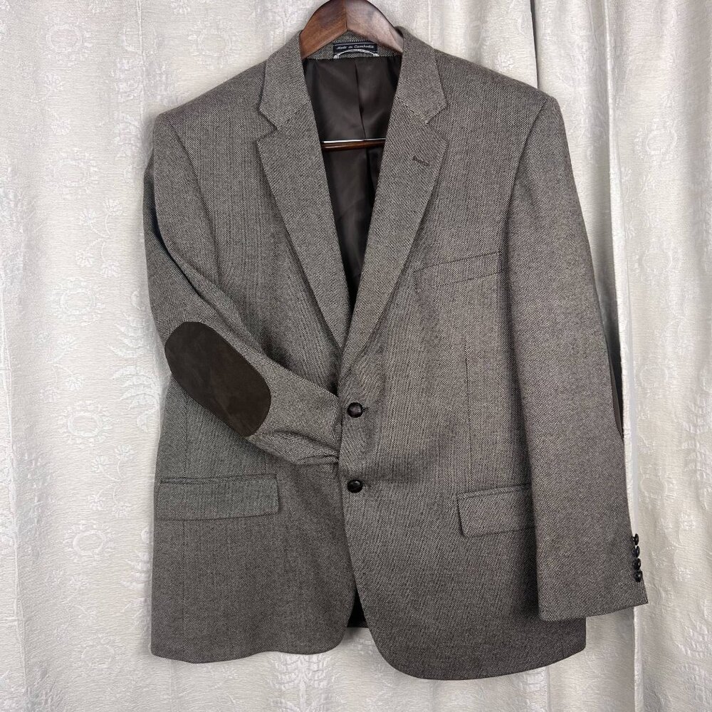 Stafford Signature wool blend tweed 2-button blazer elbow patch brown sport coat